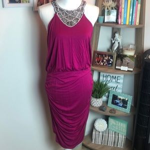 Venus Fuchsia Tank Dress with Sequin Neck Detail